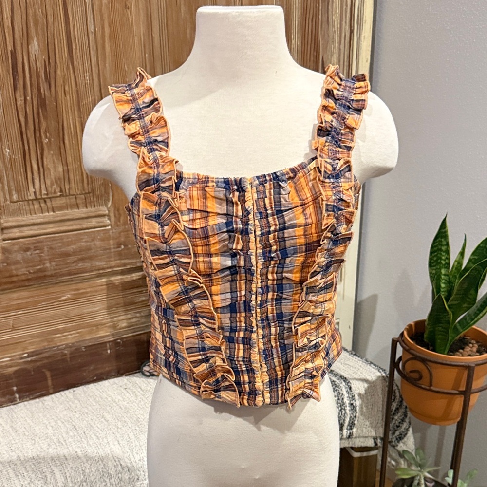 Anthropologie Plaid Ruffle Trim Tank Top